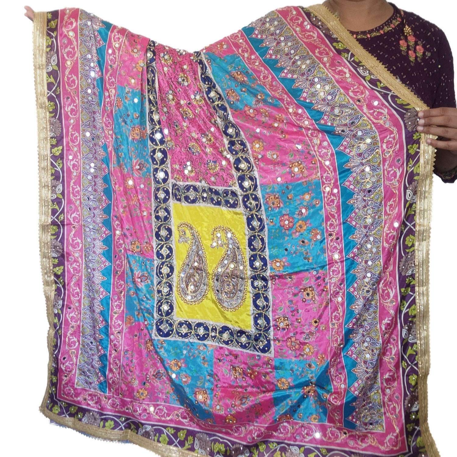 pakistani-silk-heavy-duppatta-pink-yellow-combination